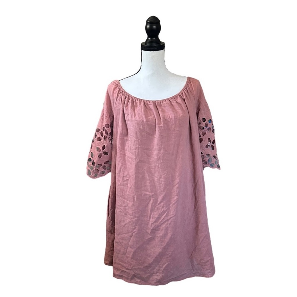 Mittoshop Eyelet Lace Sleeve Mini Tunic Dress Dusty Rose 100% Cotton Boho Large